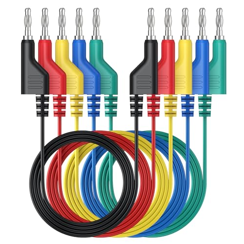 5PCS Banana Plug Test Leads,4mm Stackable,1M Silicone Cables,1000V 15A | 5 Colors, Pure Copper, Flexible Silicone, Stackable 4mm Plugs, for Multimeter, Lab, Power Supply & Circuit Testing