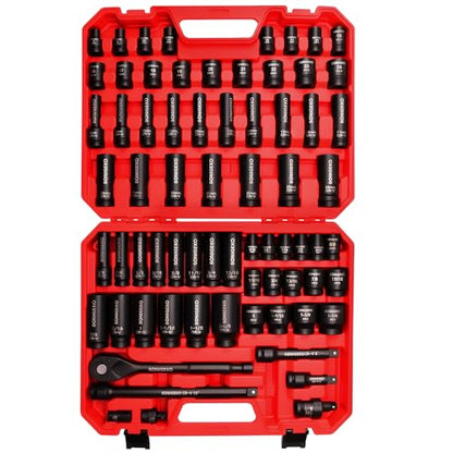 70-Piece 1/2" Drive Impact Socket Set, Cr-V Steel, Standard SAE & Metric Sockets with Ratchet Handle, Extension Bar, Adapters, and Storage Case - size: 70 PCS, 1/2" Socket Set, Metric & SAE