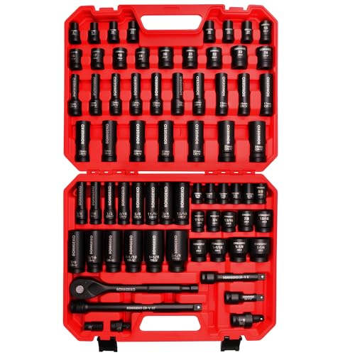 70-Piece 1/2" Drive Impact Socket Set, SAE 5/16"-1-1/4" & Metric 8-24mm | Cr-V Swivel Sockets, 6 Point Shallow & Deep with Ratchet Handle,Extension Bar(3"5"10"), Adapters, and Storage Case - size: 70 PCS, 1/2" Socket Set, Metric & SAE