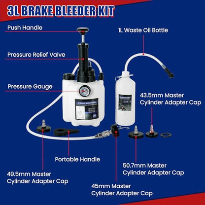 NYXOVA 3L Brake Bleeder Kit, Manual Brake Bleeder Vacuum Pump Kit with 1L Brake Bleeder Bottle and 4 Master Cylinder Adapters, Brake Fluid Bleeder Kit