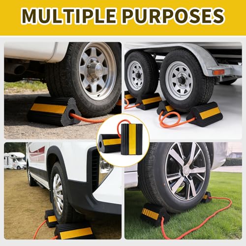 Wheel Chocks for RV Trailer Camper, Truck,Travel Trailer,Car ﻿ | ﻿ 2 Pair /4pack RV ,Camper Chock Blocks Rubber Wheel Chocks Heavy Duty Tire Stopper with Rope & Reflective Strips - size: 2 Pair(4 pack)