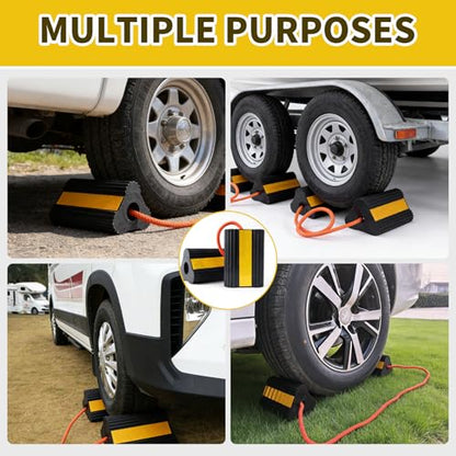 Wheel Chocks for RV Trailer Camper, Truck,Travel Trailer,Car | 4 Pair /8 Pack, RV Camper Chock Blocks Rubber Wheel Chocks Heavy Duty Tire Stopper with Rope & Reflective Strips - size: 4 Pair(8 pack)
