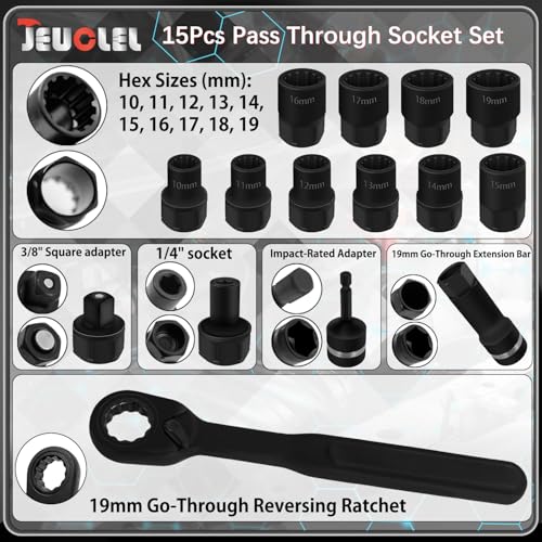15PCS Metric Pass Through Socket Set, 3/8"Drive Go-Thru Ratchet Kit | Metric, Deep Socket Wrench Adaptor, Reversing Ratchet, Extension Bar, Cr-V Steel, Low Profile, Long Bolts, Tight Spaces - size: 15Pcs Metric