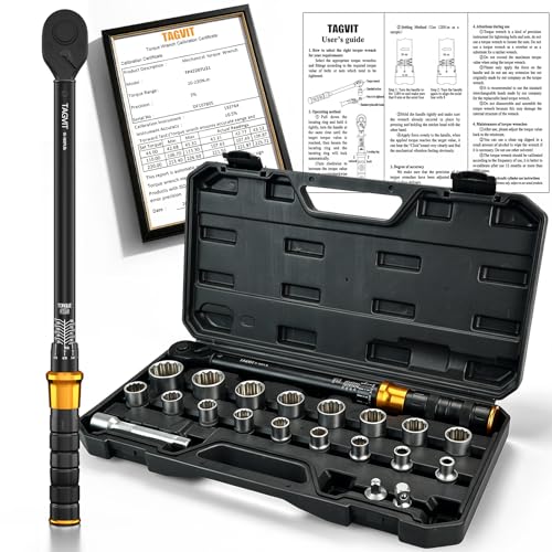 1/2-Inch Drive Click Torque Wrench Set – 15–165 ft-lb / 20–220 Nm, ±3% Precision, Dual Scale, Reversible Head for Car, Tire, and Motorcycle Use