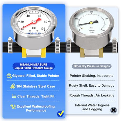 MEANLIN MEASURE 0-100Psi Stainless Steel Glycerin Filled Pressure Gauge 1/8" NPT 1.5" FACE DIAL, with 3/8" Barb Pressure Adapter Liquid Filled Pressure Gauge (9Pieces Kit, Back Mount) - size: 0-100Psi