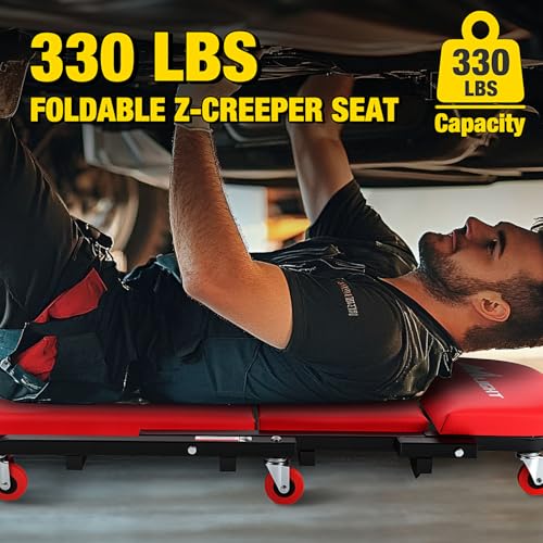 Nilight 40" Z Creeper - 2-in-1 Folding Rolling Mechanic Seat, 40 inches Adjustable Lay-Down or Sit Garage Chair, 330 lbs Capacity, Red Black - color: Red