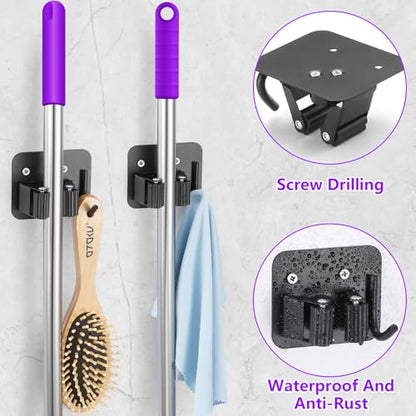 Stainless Steel Broom Holder, Heavy Duty, Rust Resistant, 4 Gripper Positions with 4 Hooks, Black | Drill-Mounted Gripper Rack Holds Brooms, Mops and Garden Tools Safely in the Laundry Room, Kitchen, Garage, Garden and Shed - color: Black