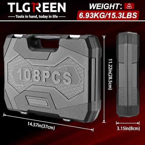 TLGREEN 108 Pcs Mechanic Socket Tool Kit,CR-V Steel Metric And 1/4" & 1/2" Ratchet set,Universal Joint,Extension Bars,Adapter,Quick Release Ratchet Wrench,Tool Box Set for Car Garage Dorm