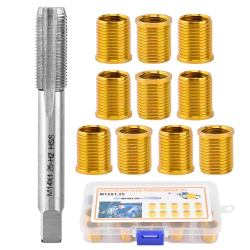 NINEFOX Spark Plug Thread Repair Kit Insert and Tap Set M12x1.25 | 11 piece spark plug rethreading kit with 10 inserts and 1 tap for cylinder head thread repair on cars, trucks, and generators - size: M12x1.25