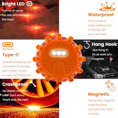 Ecoangel USB-C Rechargeable LED Road Flares Emergency Lights 3 in 1 Cable Roadside Warning Car Safety Beacon Flashing Disc Kit with Magnetic Base for Vehicles - color: USB-C 3PACK