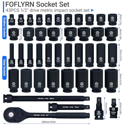 1/2" Drive Impact Socket Set,6-Point Metric Socket Set (9-38mm),43PCS Cr-Mo Material High Durability Deep Socket Set with Ratchet Wrench,Universal Joint，Extension Bar and Storage Case. - style: 1/2" 43PCS Metric Cr-Mo