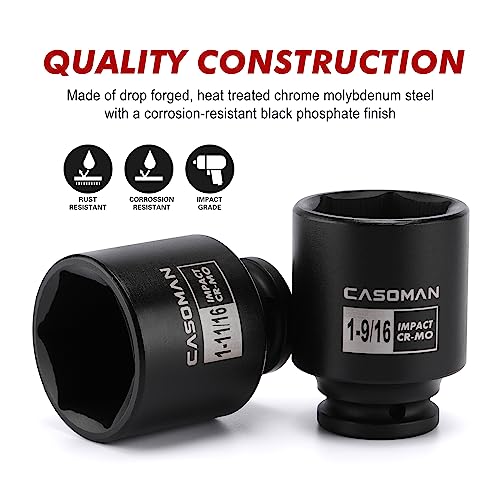 CASOMAN 1/2-Inch Drive Shallow Spindle Axle Nut Impact Socket Set,1-9/16" to 2", 6-Point, SAE, CR-MO, 8 Piece 1/2" Heavy Duty Impact Socket Set - size: 8PCS(1-9/16 Inch - 2 Inch), style: Shallow