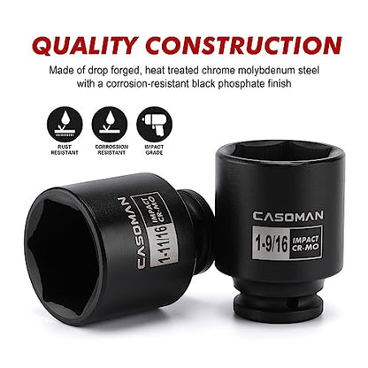 CASOMAN 1/2-Inch Drive Shallow Spindle Axle Nut Impact Socket Set,1-9/16" to 2", 6-Point, SAE, CR-MO, 8 Piece 1/2" Heavy Duty Impact Socket Set - size: 8PCS(1-9/16 Inch - 2 Inch), style: Shallow