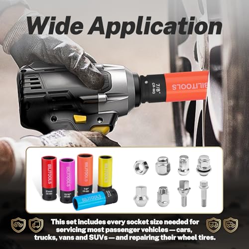 BILITOOLS 5pcs Impact Lug Nut Socket Set, 1/2" Drive Non-Marring Thin Wall | Metric 17/19/21mm & SAE 13/16-7/8", Cr-Mo Steel, Thin Wall, 6-Point Flank Drive, Color-Coded, Impact-Rated - style: Lug Nut Socket Set