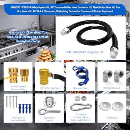 1675KIT48 Commercial Gas Hose Connector Kit, 48" Mobile Gas Line kit with 3/4" Quick Disconnect, Full Port Gas Valve & Flex Hose, Quick Connect Safety System for Commercial Kitchen Equipment