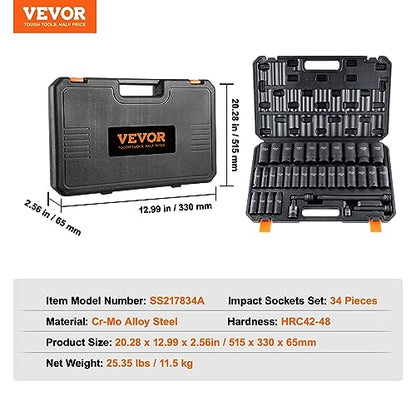 VEVOR 1/2" Drive Impact Socket Set, 34 Piece Socket Set Metric 8-36mm, 6 Point Cr-MO Alloy Steel for Auto Repair, Easy-to-Read Size Markings, Rugged Construction, Includes Storage Case - style: 1/2" 34PCS CR-MO