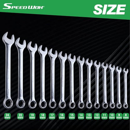 SPEEDWOX 14-Piece Essential Metric Combination Wrench Set Metric 8mm to 24mm 12 Point Combination Wrench Sets in Roll-up Pouch for General Household Garage Chrome Vanadium Steel Mirror Chrome Finish
