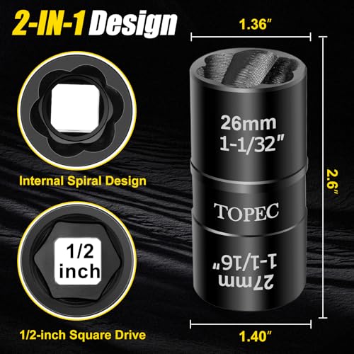 Topec 26mm x 27mm Flip Lug Nut Extractor, 1/2" Drive Lug Nut Removal Tool, 2-IN-1 Wheel Lock Remover Socket - size: 26 x 27mm