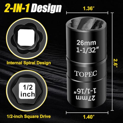 Topec 26mm x 27mm Flip Lug Nut Extractor, 1/2" Drive Lug Nut Removal Tool, 2-IN-1 Wheel Lock Remover Socket - size: 26 x 27mm