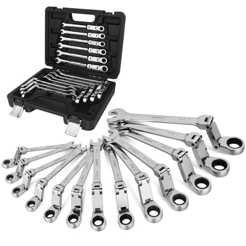 DISEN Ratchet Wrenches Set 13pcs, Double Jointed Flex Head Ratcheting Wrench Set, SAE 1/4'' -3/4'', Open End Long Combination Wrench Set, 72-Teeth, Cr-V Steel, with Heavy Duty Case - size: 13pc SAE Set