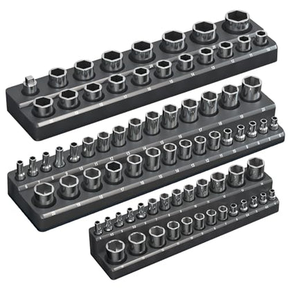 Magnetic Socket Organizer Holder Set – 3-Piece Tool Organizers Including 1/4", 3/8" and 1/2" Drive Socket Holder Metric 68 Pieces Socket Trays (Sockets are not Included) Black - color: Black