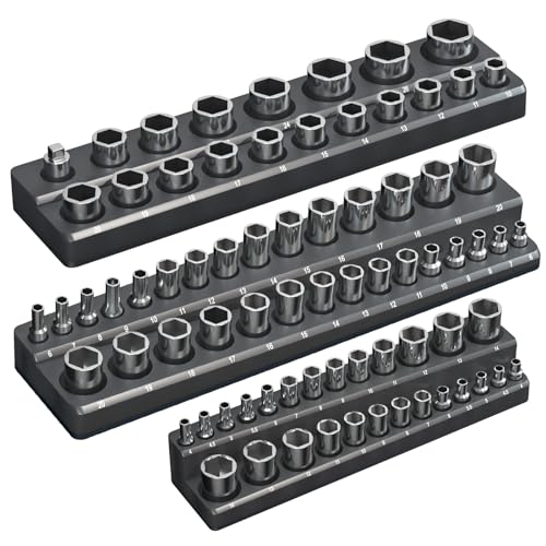Magnetic Socket Organizer Holder Set – 3-Piece Tool Organizers Including 1/4", 3/8" and 1/2" Drive Socket Holder Metric 68 Pieces Socket Trays (Sockets are not Included) Black - color: Black