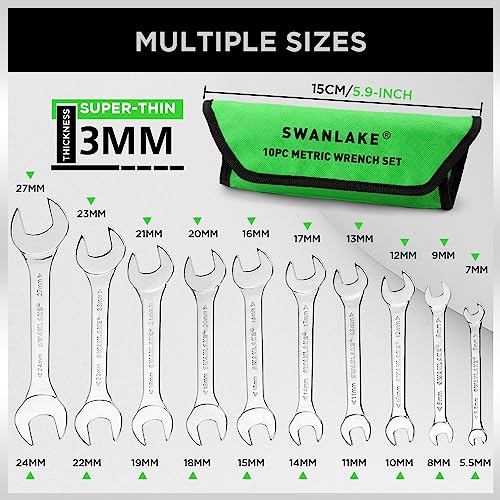 SWANLAKE GARDEN TOOLS 19-Piece Super-Thin Open End Wrench Set with Rolling Pouch, Metric 5.5–27 mm & SAE 1/4"-1-1/16", 3 mm Thickness Slim Spanner Wrench Set, Carbon Steel - style: 19PCS Metric&SAE Super-Thin