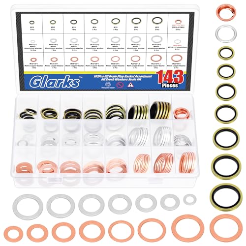 Glarks 143pcs 10 Sizes Automotive Oil Drain Plug Gasket Kit M8 M10 M12 M14 M16 M18 M20 M22 Aluminum Copper Steel Oil Crush Washer Seal Oil Drain Plug Crush Washer