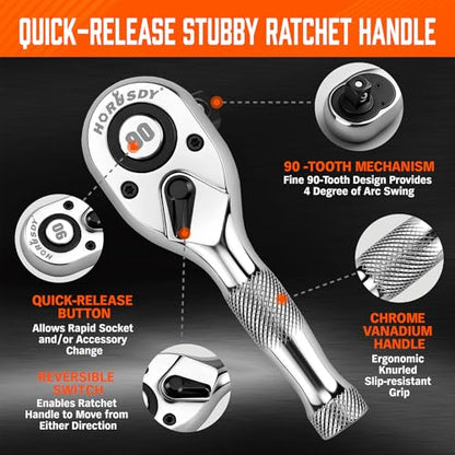 HORUSDY 3 Piece 90T Stubby Ratchet Handle Set, 1/4" 3/8" 1/2" Drive Mini Socket Wrench, Compact Reversible Ratchets for Tight Spaces, Car & Home Repair, DIY, Mechanic Tool - style: 1/4" 3/8" 1/2" Drive 90T Set