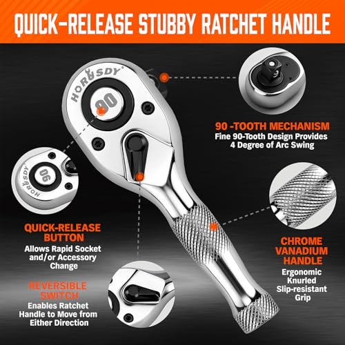HORUSDY 3 Piece 90T Stubby Ratchet Handle Set, 1/4" 3/8" 1/2" Drive Mini Socket Wrench, Compact Reversible Ratchets for Tight Spaces, Car & Home Repair, DIY, Mechanic Tool - style: 1/4" 3/8" 1/2" Drive 90T Set