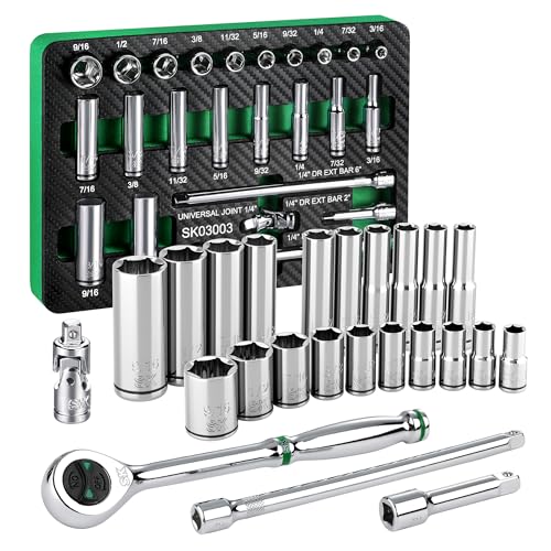 SK 1/4" Drive Socket Set with 160-P Ratchet, SAE, CR-V Steel | 24-Piece Sockets, SuperKrome Finish, Heat Treated, with EVA Foam Tool Organizer