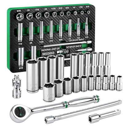 SK 1/4" Drive Socket Set with 160-P Ratchet, SAE, CR-V Steel | 24-Piece Sockets, SuperKrome Finish, Heat Treated, with EVA Foam Tool Organizer