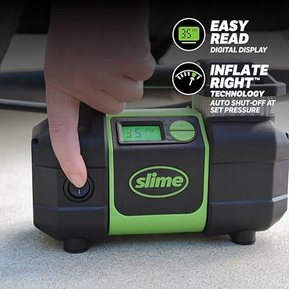 Slime 40063 Tire Inflator, Portable Car, SUV, 4x4 Air Compressor, Elite Heavy Duty, Inflate Right Automatic Shut Off, with Digital 99 psi Display, Long Hose and LED Light, 12V, 3 min Inflation - style: Pro Power Digital