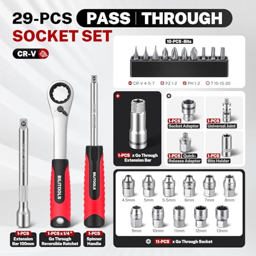 BILITOOLS 29PCS 1/4" Pass Through Socket Set with Spline Sockets & Bits | Small Pass Thru Go Through Ratchet Mechanics Tools Set for Tight Spaces, Low Profile 72-Tooth Wrench - style: 29-Piece Pass Through Socket Set