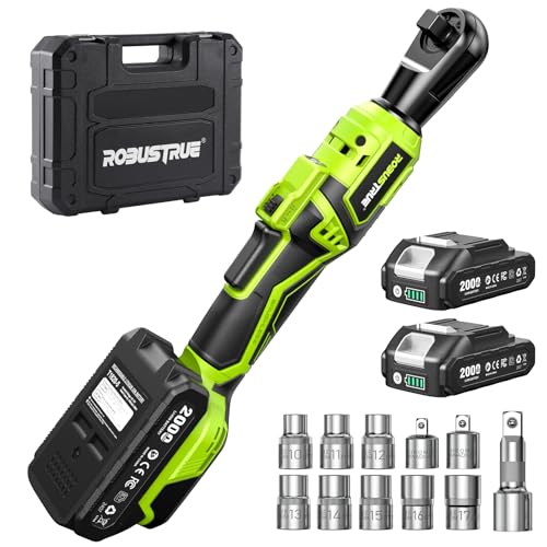 Robustrue 1/2" Electric Ratchet Wrench: 66Ft-lbs/400 RPM Variable Speed Cordless Power Ratchet Kit with 2x2000mAh Li-Ion Batteries, 8 Sockets, 1/4" and 3/8" Adapters, 3" Extension Bar for Auto Repair | 400 RPM brushless motor, 8 sockets, 1/4 and 3/8 adapt