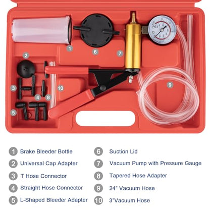 Brake Bleeder Vacuum Pump Kit – Hand Vacuum Pump with Gauge Adapters, Automotive Brake Fluid Bleeder Kit for Car, Motorcycle, and Truck in Compact Red Case