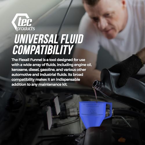 TEC Products FlexAll Long Flexible Funnels - Automotive Oil Funnel with Hose, Durable Nitrile Rubber for Oil Change, Transmission Funnel Fluid, Diesel, Fuel, Gas - Made in USA - Blue (16 x 5 Inches) - color: Blue, size: Large