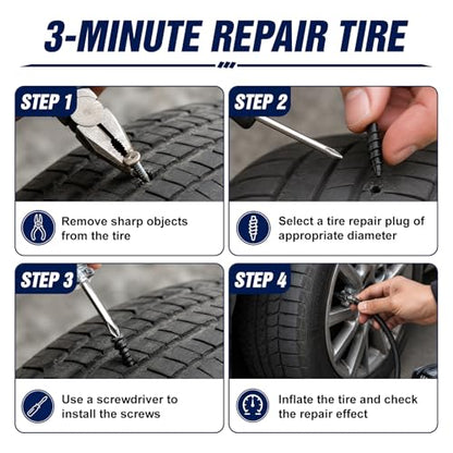 TEAWOO 60 PCS Tire Repair Rubber with 1 Screwdriver, Quick Tire Repair Screws in Tire Plugs Kit, Specially Designed for Motorcycle Truck Tractor and Car Tire Repair Kit(3 Sizes)
