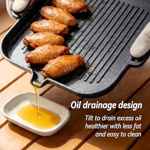 Nonstick Korean BBQ Grill Pan, Square | Marble nonstick square griddle for 3-5, fits gas,induction,stovetop, oil drain, gloves, easy clean BBQ, indoor