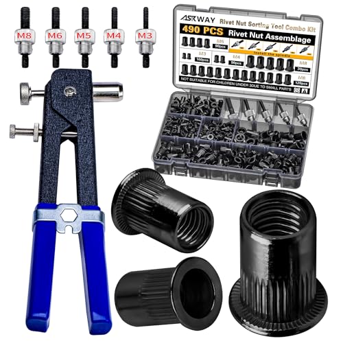 Rivet Nut Tool Kit, 490Pcs Black Zinc Metric Rivet Nut Combination (M8/M6/M5/M4/M3), Suitable for Automotive, Marine and Industrial Applications (Black 490PCS Rivet Nut Tool Kit)