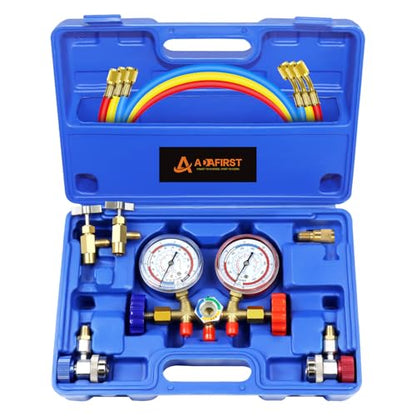 AC Manifold Gauge Set, 3 Way Car HVAC R134a R404a Refrigerant Charging Tool Kit, with Hoses Quick Coupler Adapter Can Tap Case, for Auto Air Conditioner Freon Diagnostic Test and Recharge