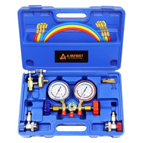 AC Manifold Gauge Set, 3 Way Car HVAC R134a R404a Refrigerant Charging Tool Kit, with Hoses Quick Coupler Adapter Can Tap Case, for Auto Air Conditioner Freon Diagnostic Test and Recharge