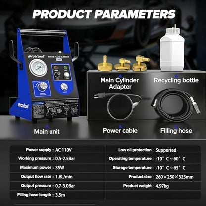 F109 Automatic Brake Bleeder Kit 110V Electric Brake Fluid Bleeder 0.7~2.5 Bar Vacuum Brake Pressure Bleeder One Person Pneumatic Fluid Extractor Tool with 3 Master Cylinder Adapter for Toyota Honda