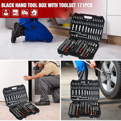 171-Piece Socket and Ratchet Wrench Set - Portable Home Basic Repair Tool Kit, Black Tool Box Set Hand Tool Kit with Combination Wrenches and Lock, Perfect for Homeowner, Diyer, Handyman - size: 171-Piece Hand Tool Kit