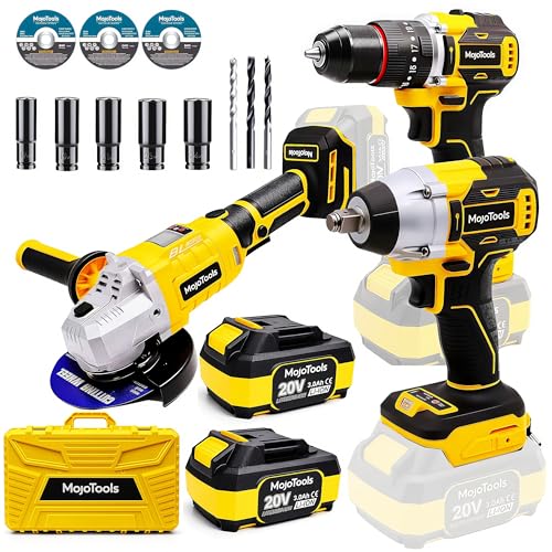 Brushless Cordless Power Tool Combo Kit for Heavy DIY & Semi-Professional Use – 50Nm Drill Driver, 380Nm Impact Wrench, 5" Angle Grinder LCD, 2×3000mAh Batteries, Carry Case &&Accessories