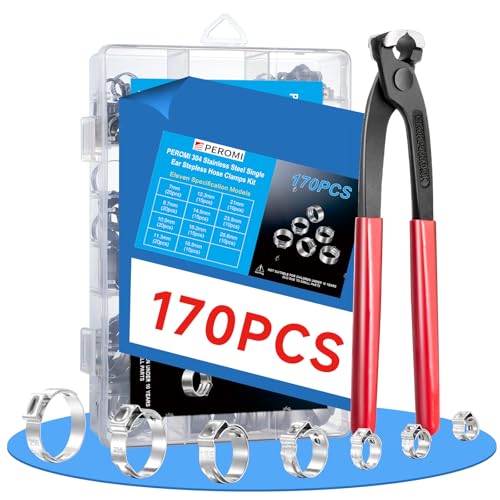 170 Pcs Single Ear Hose Clamps Kit, 11 Sizes 1/4"-1" (6mm-25.6mm), 304 Stainless Steel Crimp Hose Clamps with Pliers – Fuel Line Clamps for Automotive, Plumbing, Garden Hose - size: 11 Sizes (6.35-25.4 mm) with Pincer