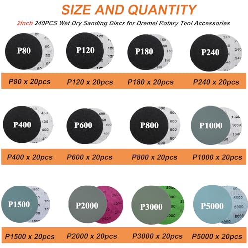 275PCS 2Inch Sanding Discs and Drum for Dremel Tool Accessories 80-5000 Grit Hook and Loop Sandpaper with 1/4" 1/8" Shank Sanding Pads Used for Resin/Rock/Making Jewelry Polishing - size: 2Inch-KIT