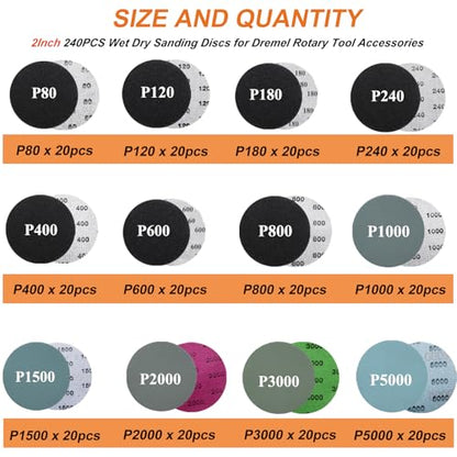 275PCS 2Inch Sanding Discs and Drum for Dremel Tool Accessories 80-5000 Grit Hook and Loop Sandpaper with 1/4" 1/8" Shank Sanding Pads Used for Resin/Rock/Making Jewelry Polishing - size: 2Inch-KIT