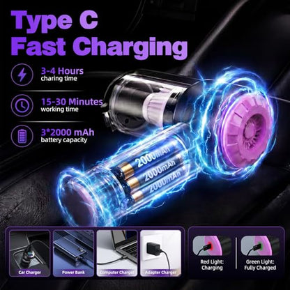 Wansimoo Handheld Car Vacuum Cleaner,25000PA Strong Cyclonic Suction Mini Vacuum Portable Cordless with Digital Display and One Touch Dust Removal for Car, Home, Office, Kitchen (Purple)