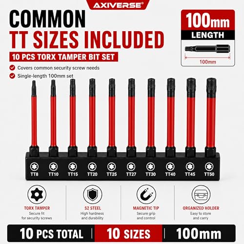 10PCS Security Torx Bit Set TT6-TT40, 4-Inch for Impact Drivers | TT6-TT40 Tamper-Resistant Star Bits, 4 in Long, Magnetic Tips, 1/4 in Hex Shank, Impact-Ready Alloy Steel, Clear Case - size: 4 in